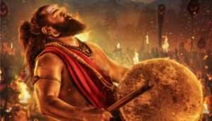 Kantara movie poster featuring main cast and scenic village background