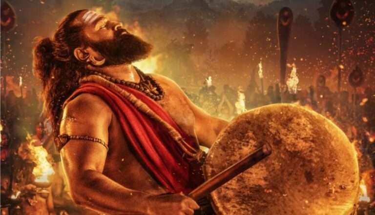 Kantara movie poster featuring main cast and scenic village background