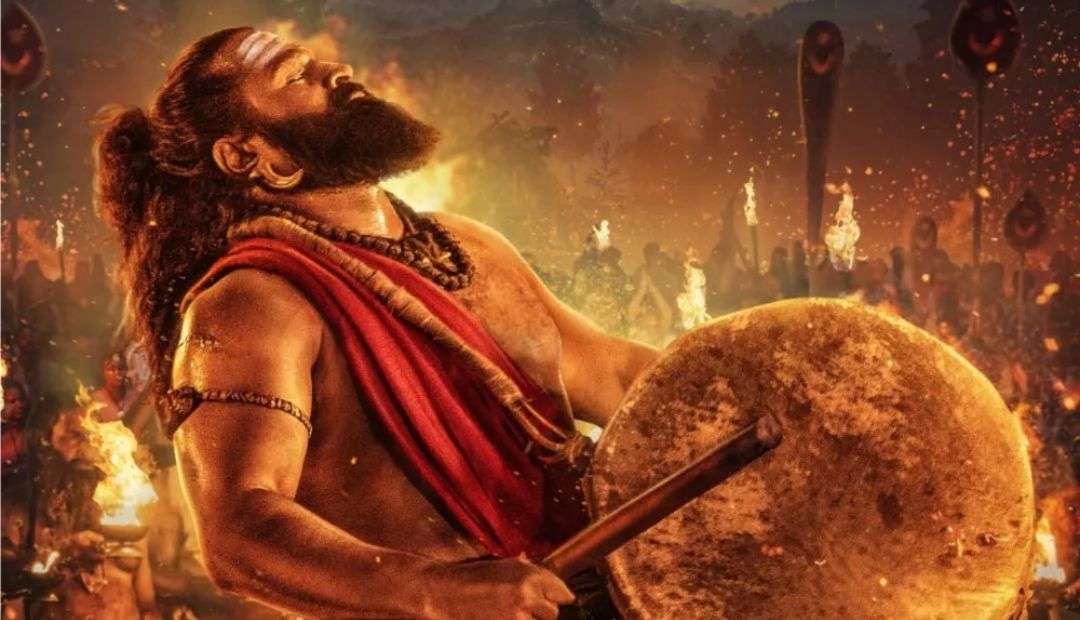 Kantara movie poster featuring main cast and scenic village background