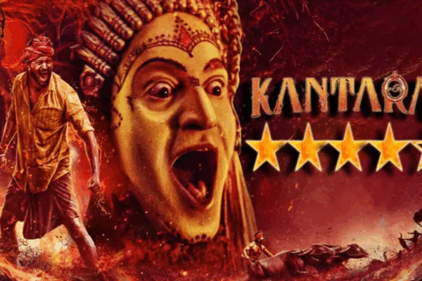 Kantara movie poster featuring main cast and scenic village background