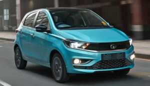Tata Tiago 2025 red color front view with stylish headlights