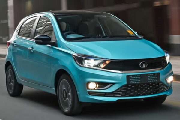 Tata Tiago 2025 red color front view with stylish headlights