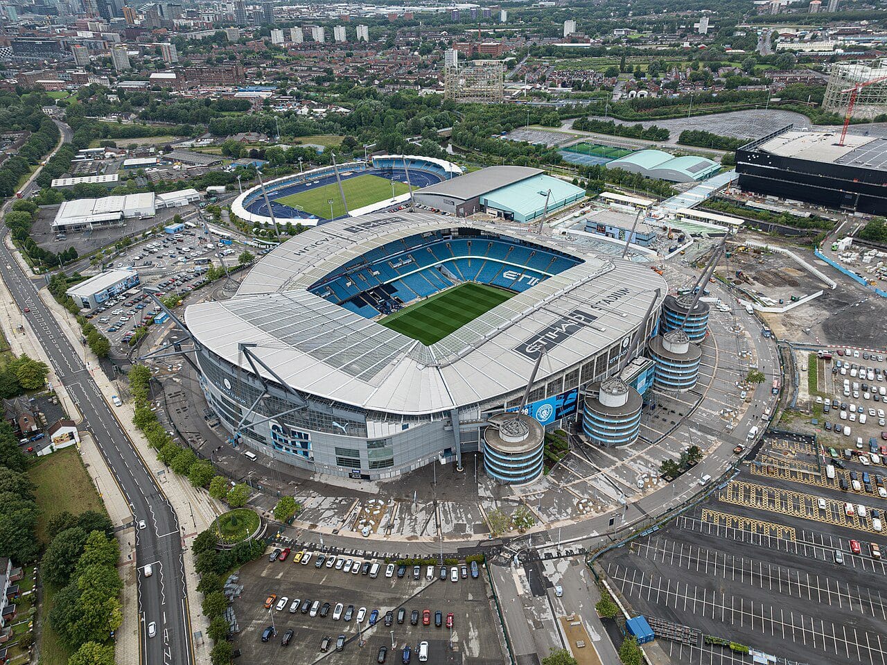 Aerial view of the Etihad Stadium in Manchester, home of Manchester City